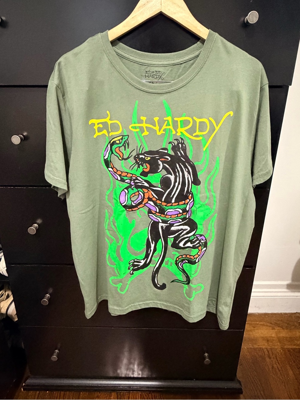 Ed Hardy Olive Green Tee with Neon Panther & Multicolor Snake Graphic